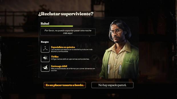 Siempre podrás reclutar a nuevos supervivientes, pero eso implicará gastar más recursos y ponerte en riesgo.