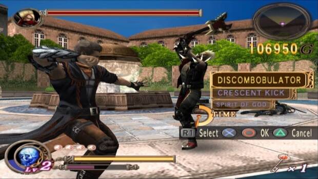 Imagen de gameplay de God Hand (2006) mostrando algunas de las habilidades especiales de remate de Gene