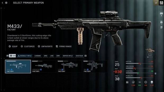 M433 en el menú de armas de la beta de Battlefield 6