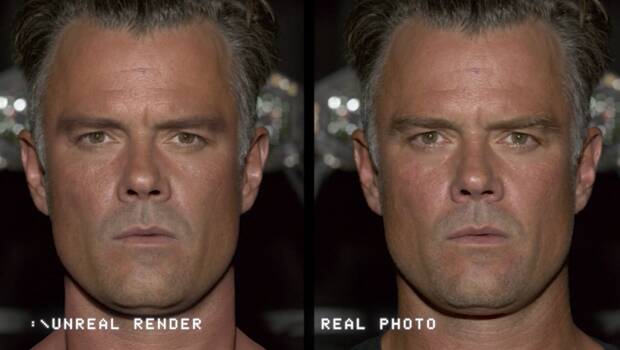Comparación del renderizado de Josh Duhamel en 'The Callisto Protocol' (izquierda) comparado con una fotografía del actor (derecha).