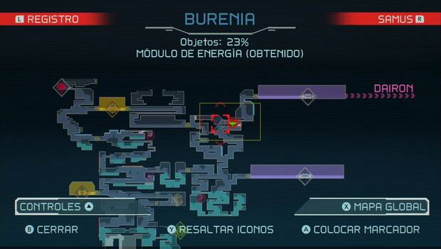 Metroid Dread - Módulos de energía: tercer módulo de energía en Burenia, mapa