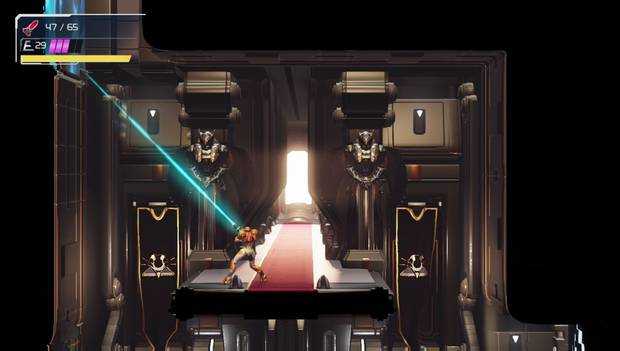 Metroid Dread - Ferenia: punto donde anclar el Rayo enganche a la izquierda de la zona del E.M.M.I.