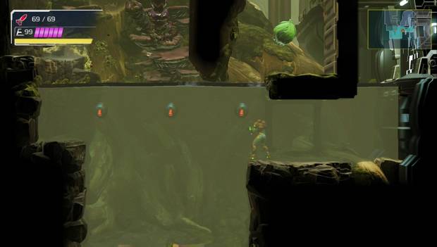 Metroid Dread - El Impulso giratorio: pared izquierda de la sala inundada