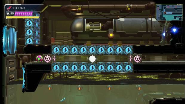 Metroid Dread - La Bomba en cruz: zona inundada con bloques eléctricos