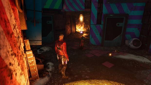 Marvel's Guardians of the Galaxy - Atuendos de Rocket: callejón con el contenedor del atuendo El Contrabandista de Rocket