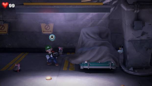 Luigi's Mansion 3 - Garaje y planta baja: Luigi tira de la sábana que cubre el coche