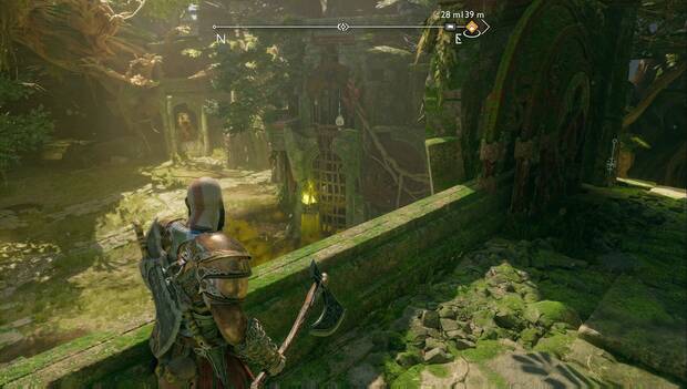 God of War Ragnarok - Jardín para los muertos: mecanismo para romper la sujeción de una tinaja explosiva sobre el segundo altar