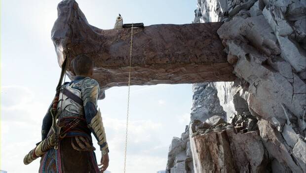 God of War Ragnarok - El fugitivo: cadena colgando de uno de los clavos gigantes