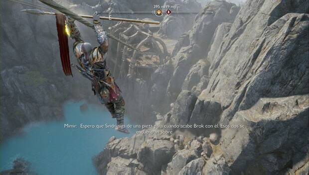 God of War Ragnarok - La forja del destino: Kratos baja usando una tirolina