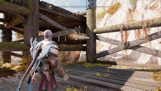 God of War Ragnarok - Espíritu de rebelión: asidero en la madera de los andamios de la Playa del dragón