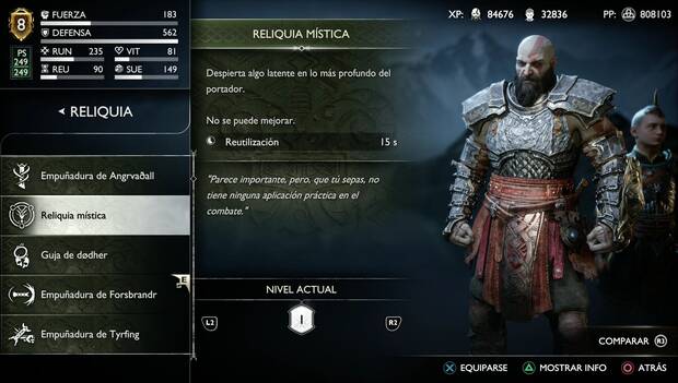 God of War Ragnarok - Dragón de piedra: Reliquia mística en el menú de equipo