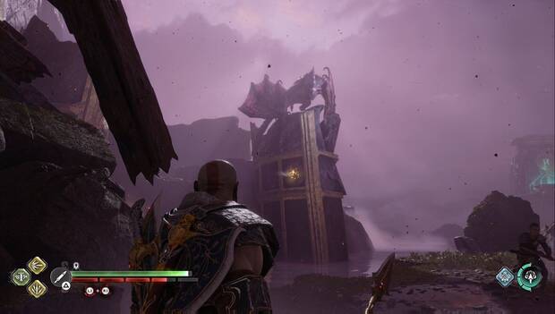 God of War Ragnarok - Los reinos en guerra: dragón sobre un pilar rompible