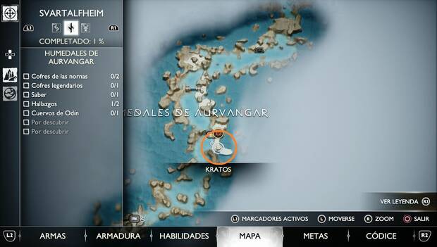 God of War: Ragnarok - Hallazgos: mapa con la ubicación del Brazalete de Hreidmar