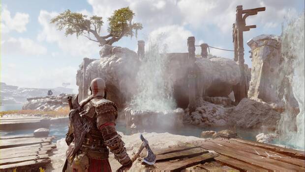 God of War: Ragnarok - Hallazgos: Kratos de pie, frente a un géiser que se puede congelar y por el que se llega a la plataforma donde está el Brazalete de Hreidmar