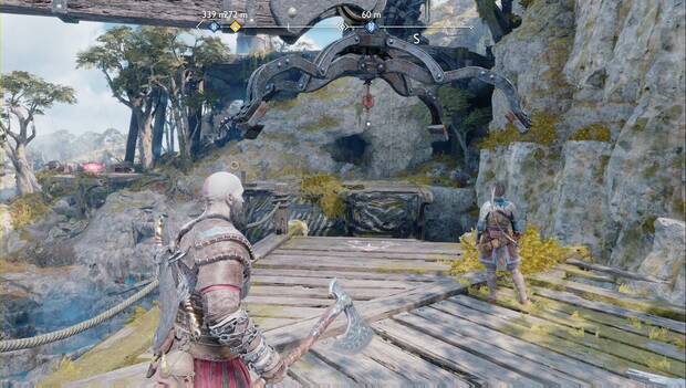 God of War Ragnarok - Al servicio de Asgard: grúa movida para poder cruzar al otro lado del puente roto