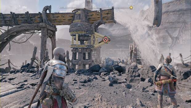 God of War Ragnarok - Hallazgos en Minas de Jarnsmida: mecanismo rojo de las grúas que permite mover el bloque gigante