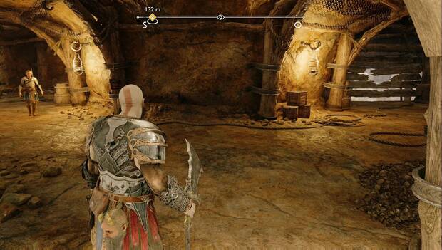 God of War Ragnarok - Objetos de saber en El corazón de la manzana: bifurcación en el camino, a la derecha se pueden ver las tablas rotas que permiten llegar al monolito del objeto de saber Cooperación