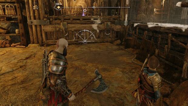 God of War Ragnarok - Hallazgos en El corazón de la manzana: brillo violeta de la Estatua de Althjof sobre una plataforma frente a Kratos