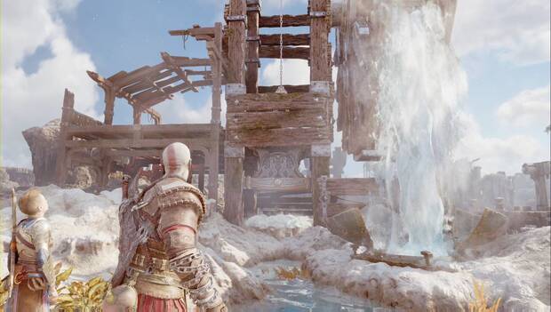 God of War: Ragnarok - En busca de Tyr: Kratos y Atreus observan cómo un géiser hace moverse la rueda de agua. Al fondo, un géiser congelado hace que la presión del otro, más cercano, impulse el agua con más fuerza