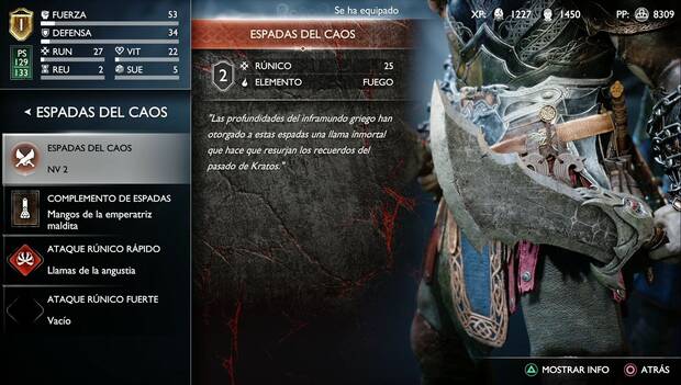 God of War: Ragnarok - En busca de Tyr: Espadas del Caos en primer plano en el menú de selección de arma. Las armas están a nivel 2