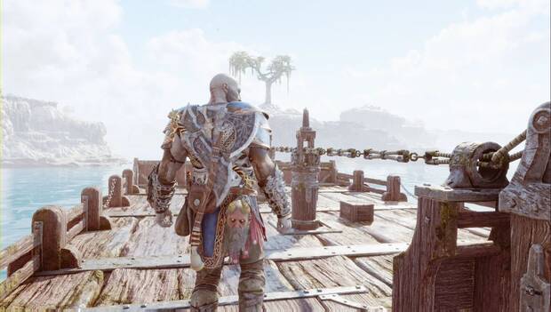 God of War: Ragnarok - En busca de Tyr: Kratos inspecciona el transbordador enano que lleva desde las Arenas de Sverd hasta la entrada de Svartalfheim