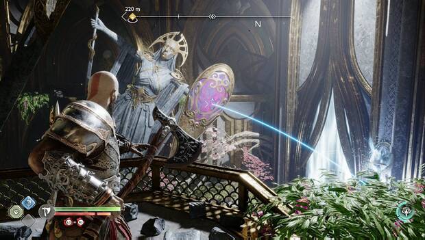 God of War Ragnarok - El secreto de Groa: Kratos apunta con el hacha a un cristal violeta para romper otro cierre