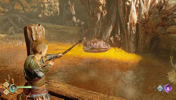 God of War Ragnarok - El santuario perdido: Atreus aunta a una almeja carnívora