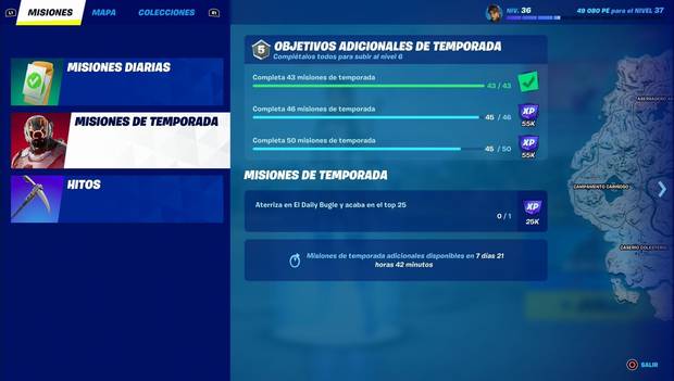 Fortnite - Subir rápido de nivel: pestaña de Objetivos adicionales