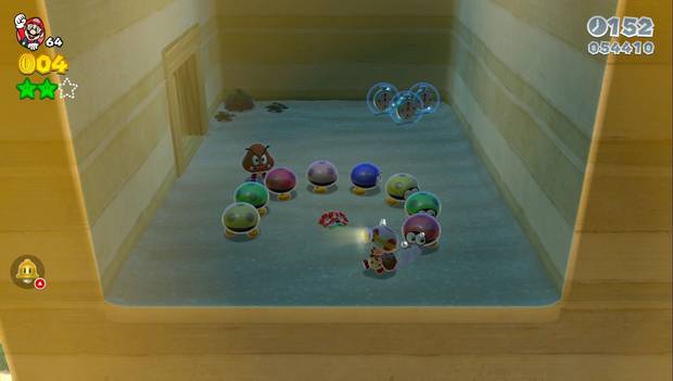 Super mario 3D World -5-1: capitán toad rodeado de enemigos