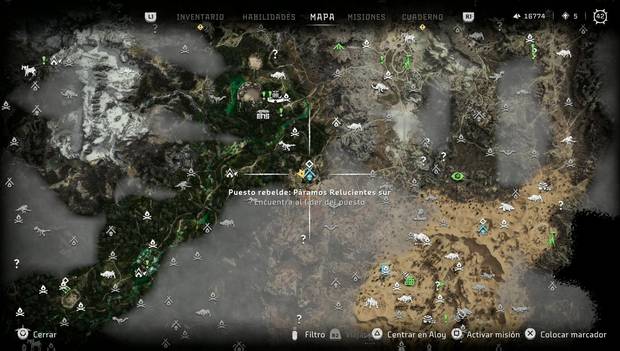 Horizon Forbidden West - Puestos rebeldes: ubicación del puesto Páramos Relucientes sur