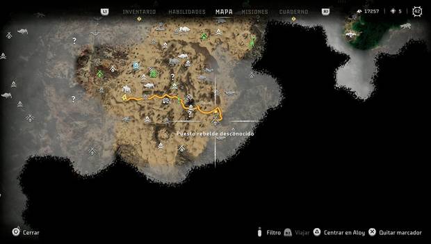 Horizon Forbidden West - Puestos rebeldes: ubicación del puesto Calmarenas sur
