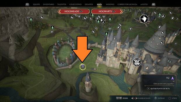 Hogwarts Legacy - Páginas de la Guía de campo en el Ala de entrada del campanario: ubicación de la torre con la página #8 del Ala de entrada del campanario
