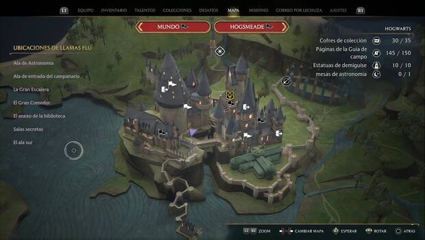 Hogwarts Legacy - El lamento lunar del celador: mapa de Hogwarts con los elementos completados