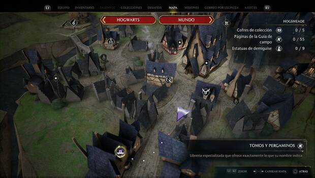 Hogwarts Legacy - Bienvenidos a Hogsmeade: mapa de Hogsmeade con la tienda Tomos y pergaminos marcada