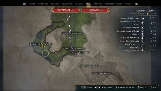Hogwarts Legacy - Estatuas de demiguise: mapa de la región de Feldcroft