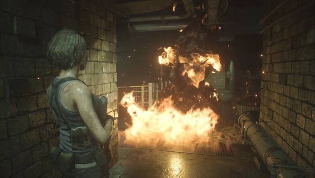 Resident Evil 3 Remake - Alcantarillas y zona en obras: Hunter Gamma en llamas