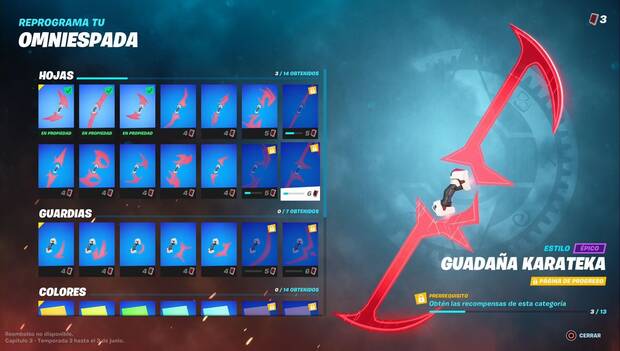 Fortnite - Pase de batalla; Reprograma tu Omniespada, pestaña de personalización de la Omniespada