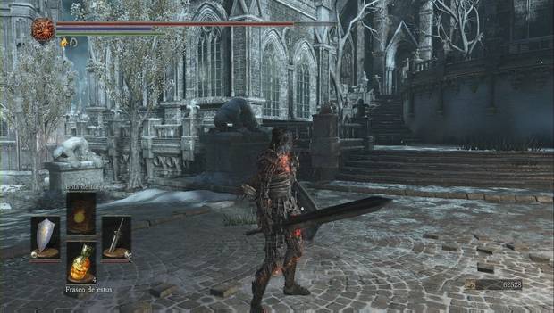 Dark Souls III - Irithyll del Valle Boreal: escaleras a la izquierda de la entrada principal de la catedral