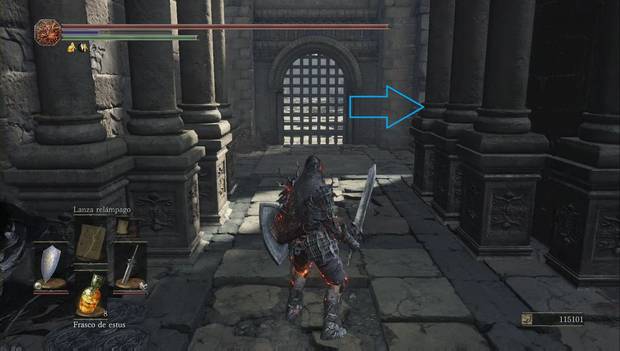 Dark Souls 3 - Pico del Archidragón: escalera hacia la puerta a la derecha del rastrillo del gran puente