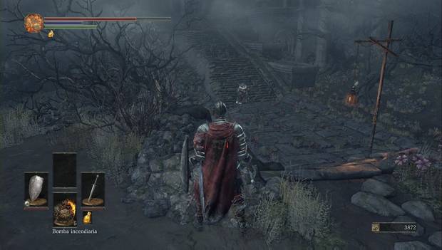 Dark Souls III - Asentamiento de no muertos: Enemigos esperando al pie de las escaleras del Asentamiento