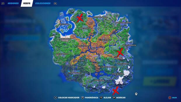 Fortnite - localización de Acampamiento Abadejo, Lago Canoa y Feudo Furtivo