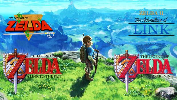 Los peores juegos de Zelda: montaje de fondo de pantalla de Breath of the Wild con los logos de los 4 primeros juegos de Zelda