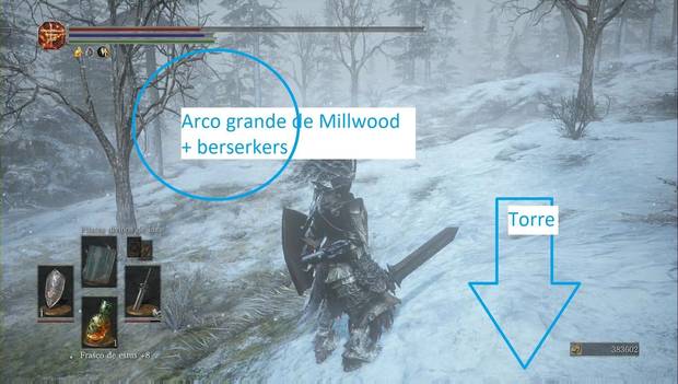 Dark Souls 3 - Cenizas de Ariandel, Campo nevado: localización del Arco grande de Millwood