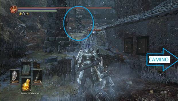 Dark Souls 3 - Cenizas de Ariandel, Asentamiento de cuervos: enemigo alto matando a otros monstruos
