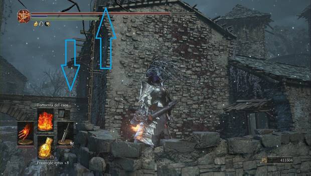 Dark Souls 3 - Cenizas de Ariandel, Asentamiento de cuervos: escalera para subir y puente por el que seguir