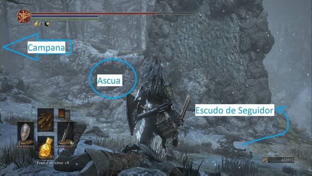 Dark Souls 3 - Cenizas de Ariandel, Montaña nevada: camino al Escudo de Seguidor