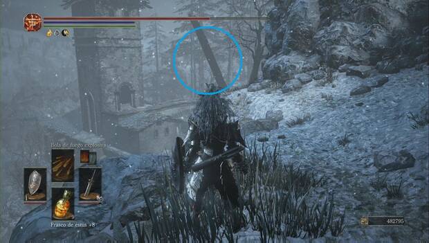 Dark Souls 3 - cenizas de ariandel, montaña nevada: árbol para derribar