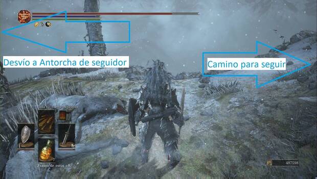 Dark Souls 3 - Cenizas de Ariandel, Montaña nevada: desvío hasta la antocha de Seguidor