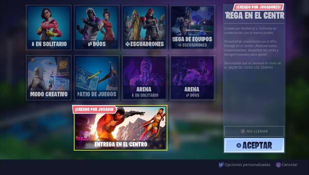 Fortnite Battle Royale - Pantalla del modo Entrega en el centro