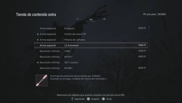 Resident Evil 8 - LZ Answerer: menú de la tienda